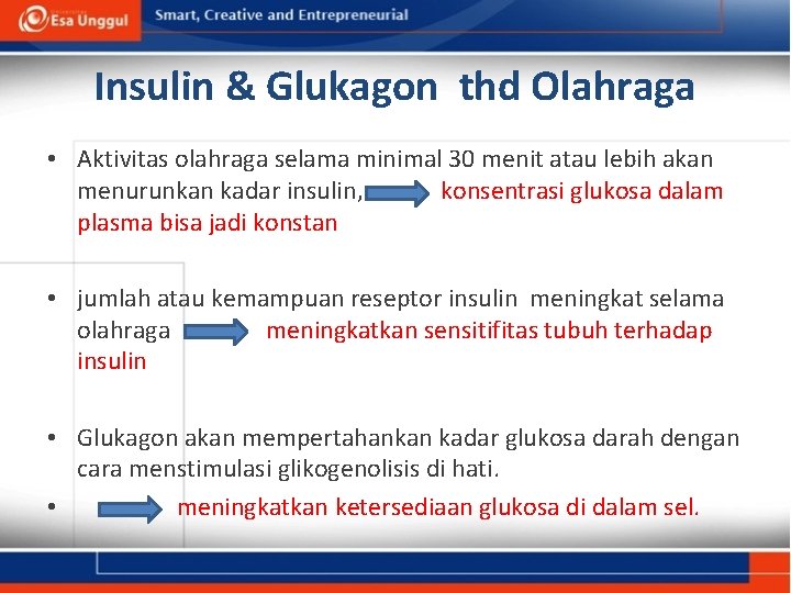 Insulin & Glukagon thd Olahraga • Aktivitas olahraga selama minimal 30 menit atau lebih