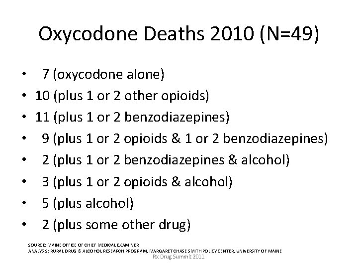 Oxycodone Deaths 2010 (N=49) • • 7 (oxycodone alone) 10 (plus 1 or 2 Oxycodone Deaths 2010 (N=49) • • 7 (oxycodone alone) 10 (plus 1 or 2