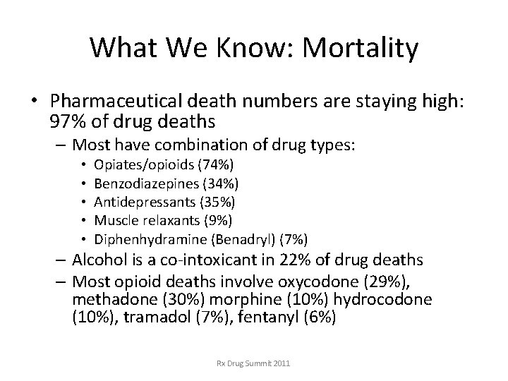 What We Know: Mortality • Pharmaceutical death numbers are staying high: 97% of drug What We Know: Mortality • Pharmaceutical death numbers are staying high: 97% of drug