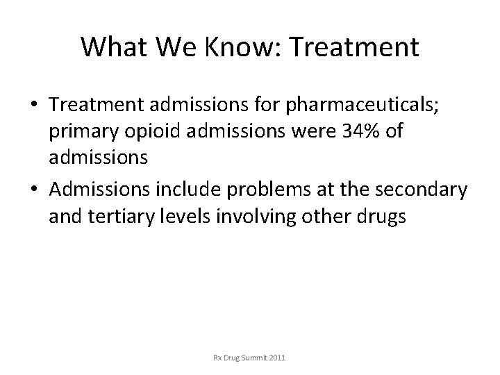 What We Know: Treatment • Treatment admissions for pharmaceuticals; primary opioid admissions were 34% What We Know: Treatment • Treatment admissions for pharmaceuticals; primary opioid admissions were 34%