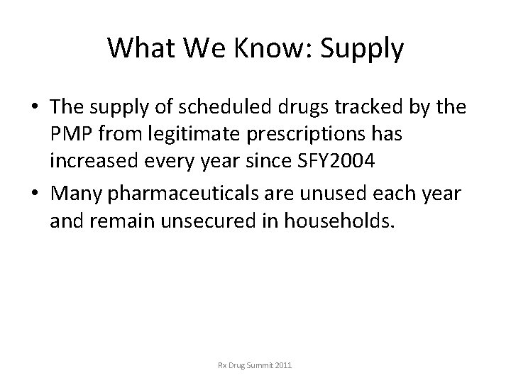 What We Know: Supply • The supply of scheduled drugs tracked by the PMP What We Know: Supply • The supply of scheduled drugs tracked by the PMP