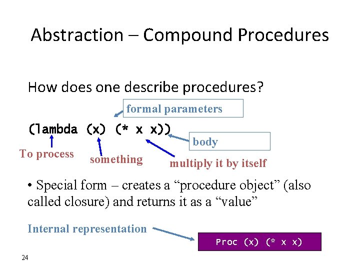 Abstraction – Compound Procedures How does one describe procedures? formal parameters (lambda (x) (*