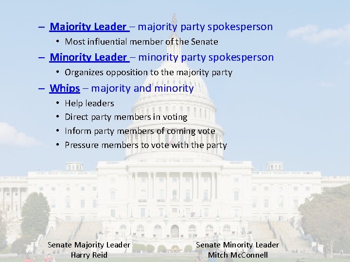 – Majority Leader – majority party spokesperson • Most influential member of the Senate