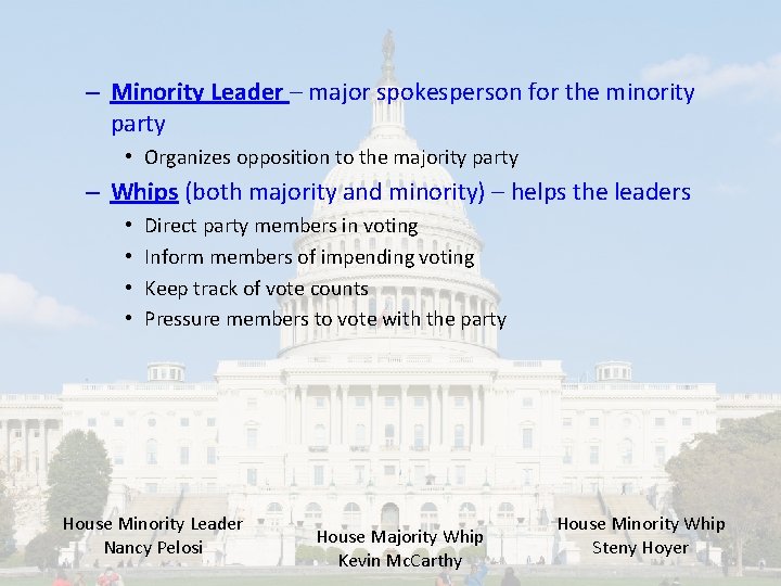 – Minority Leader – major spokesperson for the minority party • Organizes opposition to