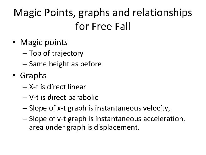 Magic Points, graphs and relationships for Free Fall • Magic points – Top of