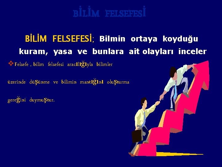 BİLİM FELSEFESİ; Bilmin ortaya koyduğu kuram, yasa ve bunlara ait olayları inceler v. Felsefe