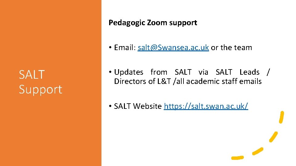 Pedagogic Zoom support • Email: salt@Swansea. ac. uk or the team SALT Support •