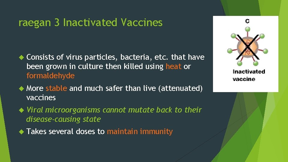 raegan 3 Inactivated Vaccines Consists of virus particles, bacteria, etc. that have been grown