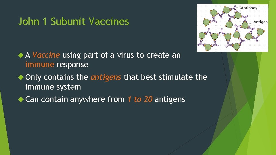 John 1 Subunit Vaccines A Vaccine using part of a virus to create an