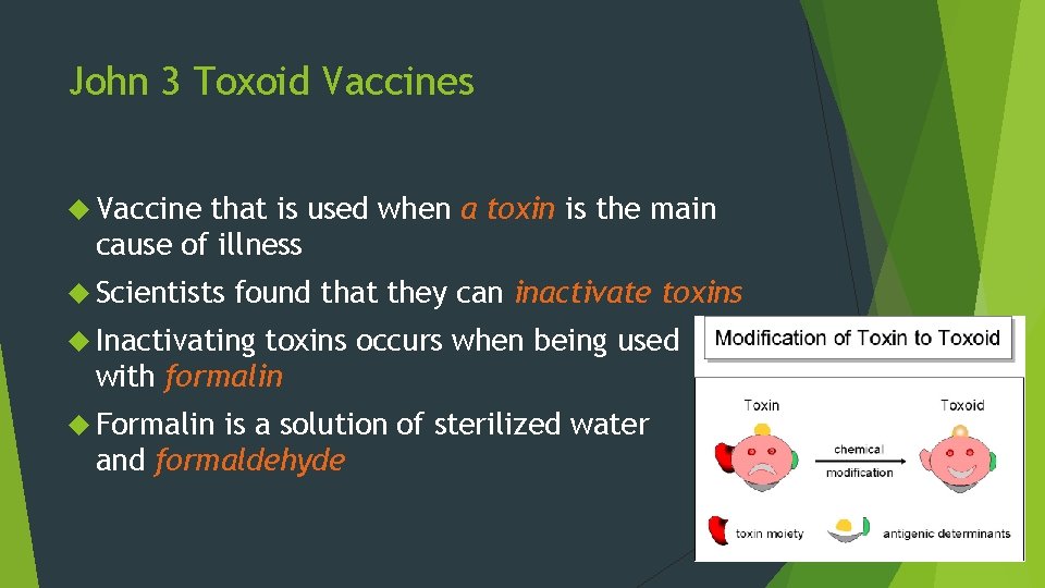 John 3 Toxoid Vaccines Vaccine that is used when a toxin is the main