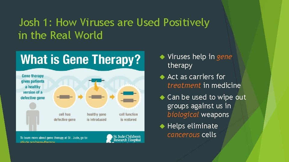 Josh 1: How Viruses are Used Positively in the Real World Viruses help in