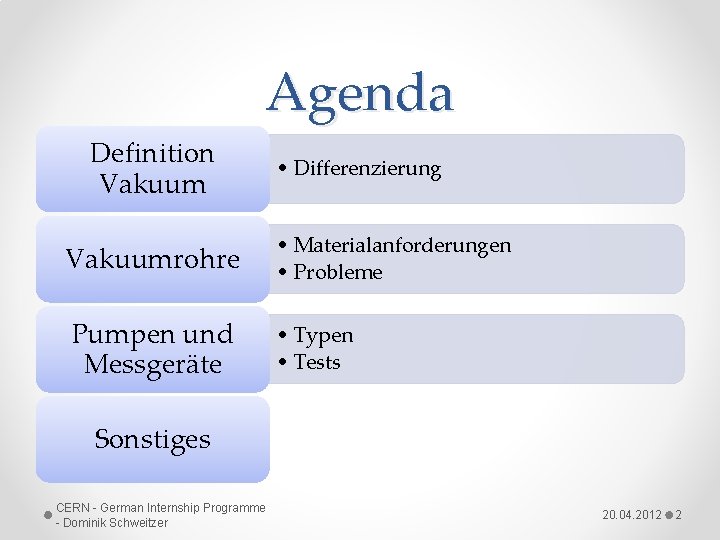 Agenda Definition Vakuumrohre Pumpen und Messgeräte • Differenzierung • Materialanforderungen • Probleme • Typen