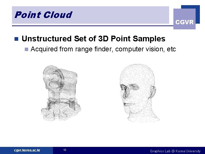 Point Cloud n CGVR Unstructured Set of 3 D Point Samples n Acquired from