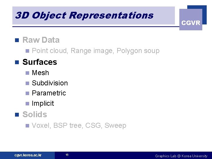 3 D Object Representations n Raw Data n n CGVR Point cloud, Range image,