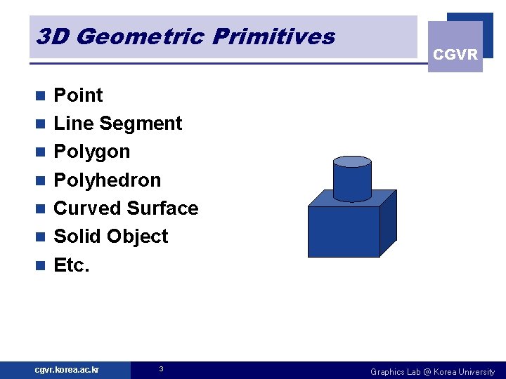 3 D Geometric Primitives n n n n CGVR Point Line Segment Polygon Polyhedron