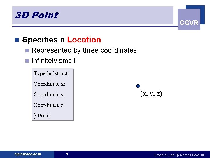 3 D Point n CGVR Specifies a Location Represented by three coordinates n Infinitely