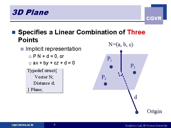 3 D Plane n CGVR Specifies a Linear Combination of Three Points n N=(a,