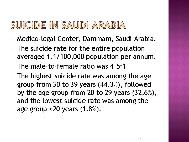  Medico-legal Center, Dammam, Saudi Arabia. The suicide rate for the entire population averaged