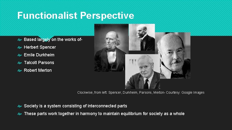 Functionalist Perspective Based largely on the works of Herbert Spencer Emile Durkheim Talcott Parsons