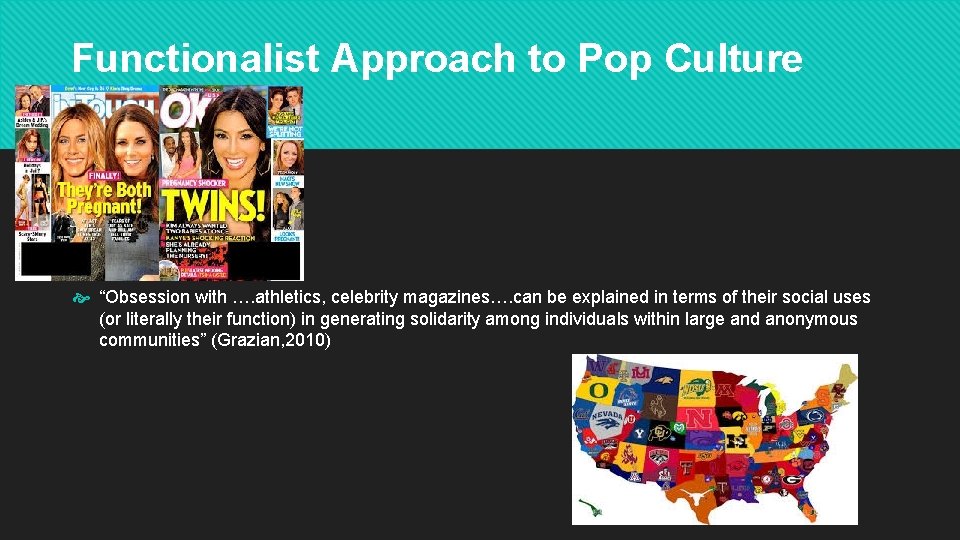 Functionalist Approach to Pop Culture “Obsession with …. athletics, celebrity magazines…. can be explained