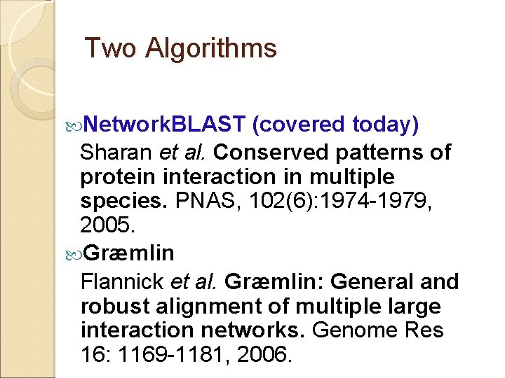 Two Algorithms Network. BLAST (covered today) Sharan et al. Conserved patterns of protein interaction