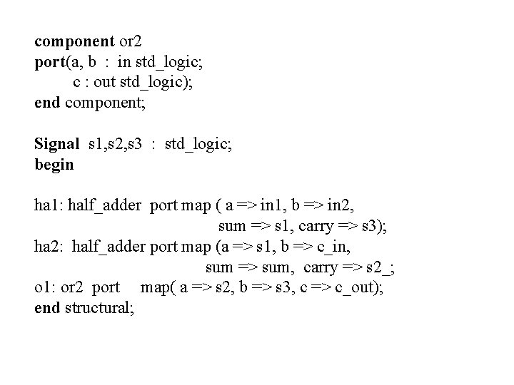 component or 2 port(a, b : in std_logic; c : out std_logic); end component;