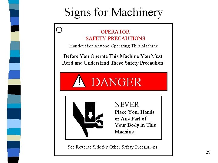 Signs for Machinery OPERATOR SAFETY PRECAUTIONS Handout for Anyone Operating This Machine Before You