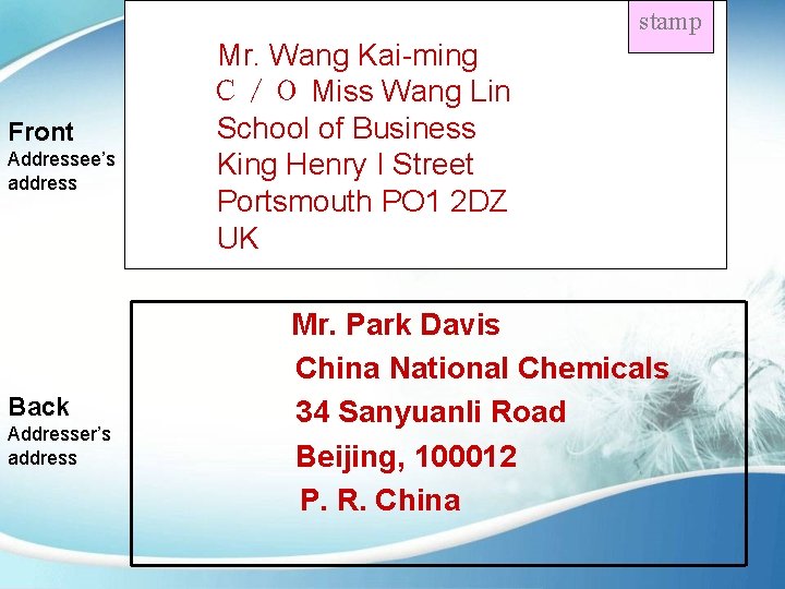 stamp Front Addressee’s address Back Addresser’s address Mr. Wang Kai-ming Ｃ／Ｏ Miss Wang Lin