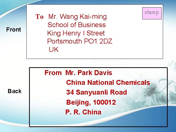 Front Back To Mr. Wang Kai-ming School of Business King Henry I Street Portsmouth