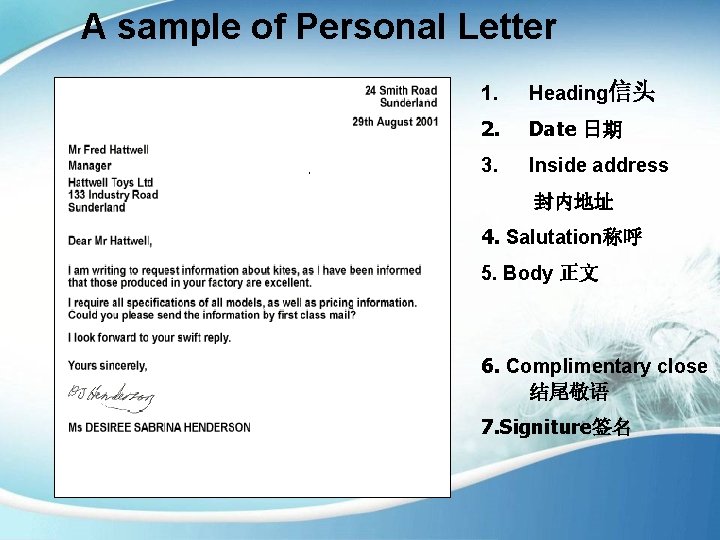 A sample of Personal Letter 1. Heading信头 2. Date 日期 3. Inside address 封内地址