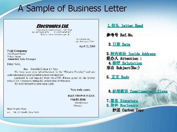 A Sample of Business Letter 1. 信头 letter Head 参考号 Ref. No. 2. 日期