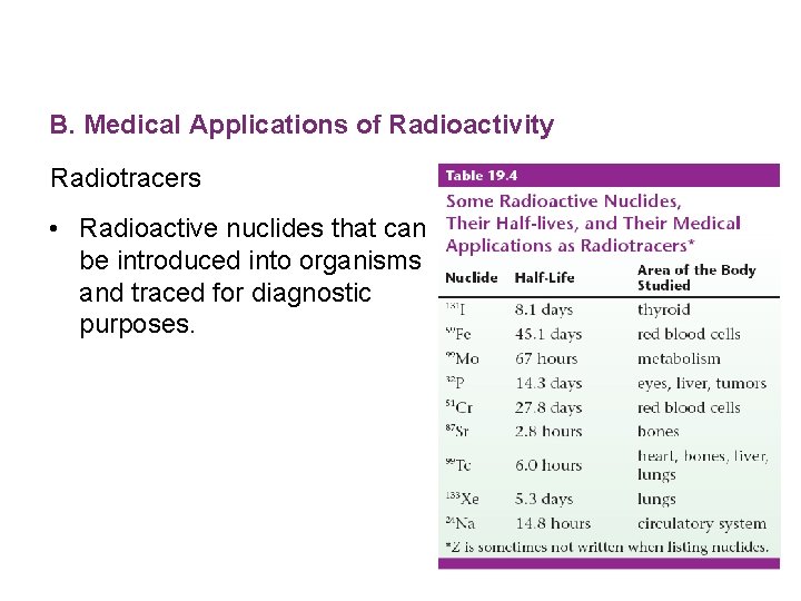 B. Medical Applications of Radioactivity Radiotracers • Radioactive nuclides that can be introduced into