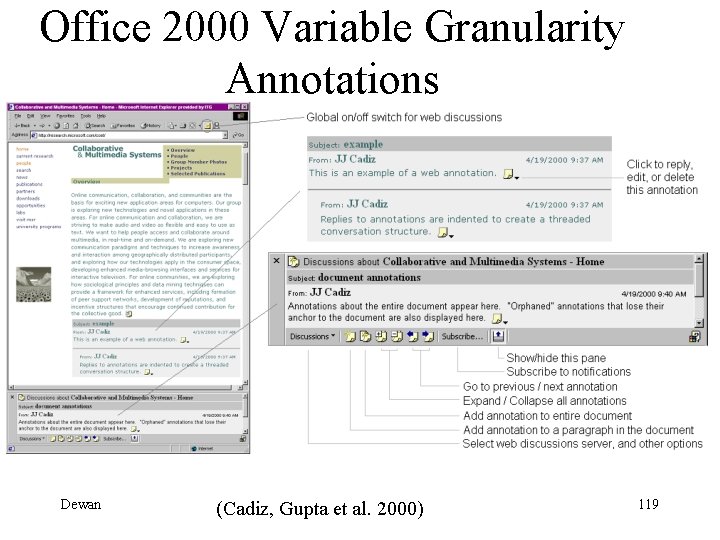 Office 2000 Variable Granularity Annotations Dewan (Cadiz, Gupta et al. 2000) 119 