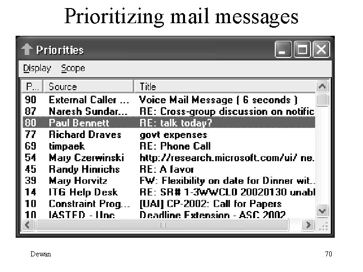 Prioritizing mail messages (Horvitz, Koch et al. 2002) Dewan 70 