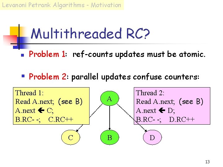 Levanoni Petrank Algorithms - Motivation Multithreaded RC? n Problem 1: ref-counts updates must be