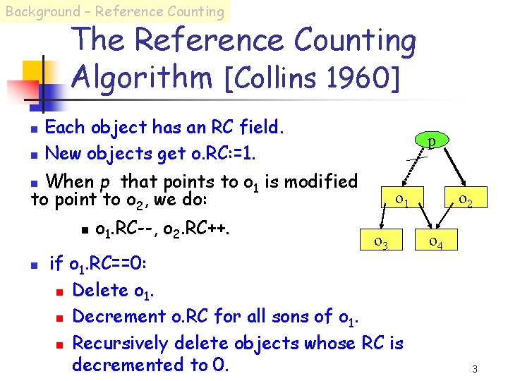 Background – Reference Counting The Reference Counting Algorithm [Collins 1960] Each object has an
