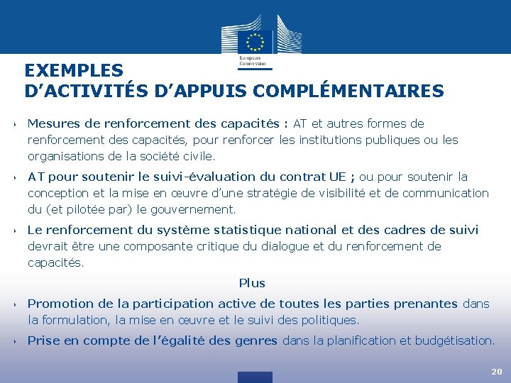 EXEMPLES D’ACTIVITÉS D’APPUIS COMPLÉMENTAIRES ‣ Mesures de renforcement des capacités : AT et autres