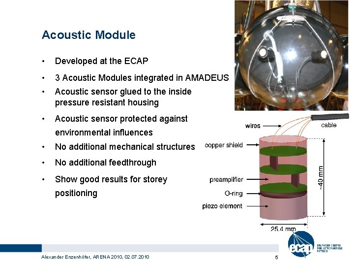 Acoustic Module • Developed at the ECAP • 3 Acoustic Modules integrated in AMADEUS