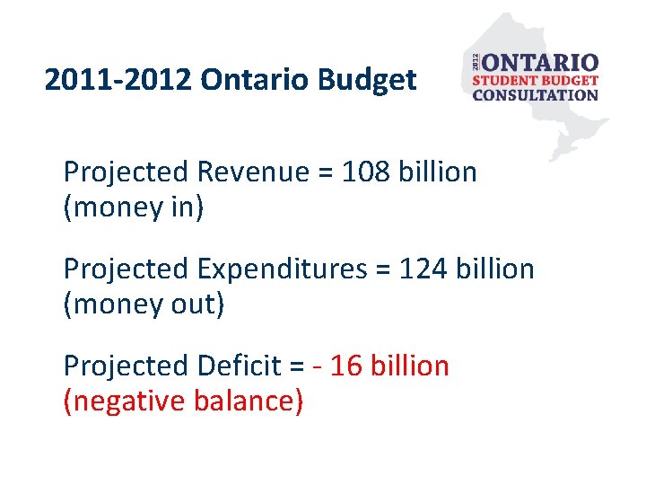 2011 -2012 Ontario Budget Projected Revenue = 108 billion (money in) Projected Expenditures =