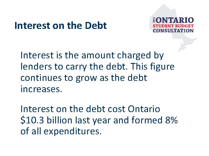 Interest on the Debt Interest is the amount charged by lenders to carry the