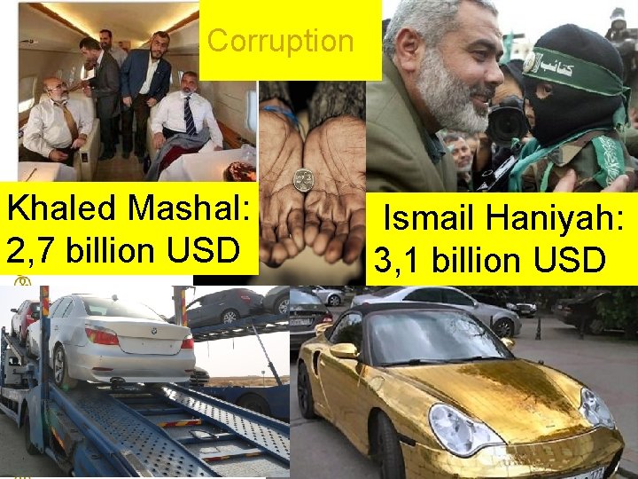 Corruption Khaled Mashal: 2, 7 billion USD Ismail Haniyah: 3, 1 billion USD 