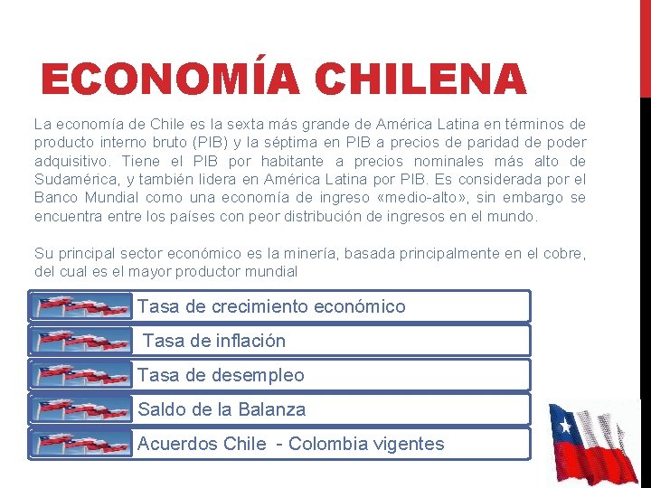 ECONOMÍA CHILENA La economía de Chile es la sexta más grande de América Latina