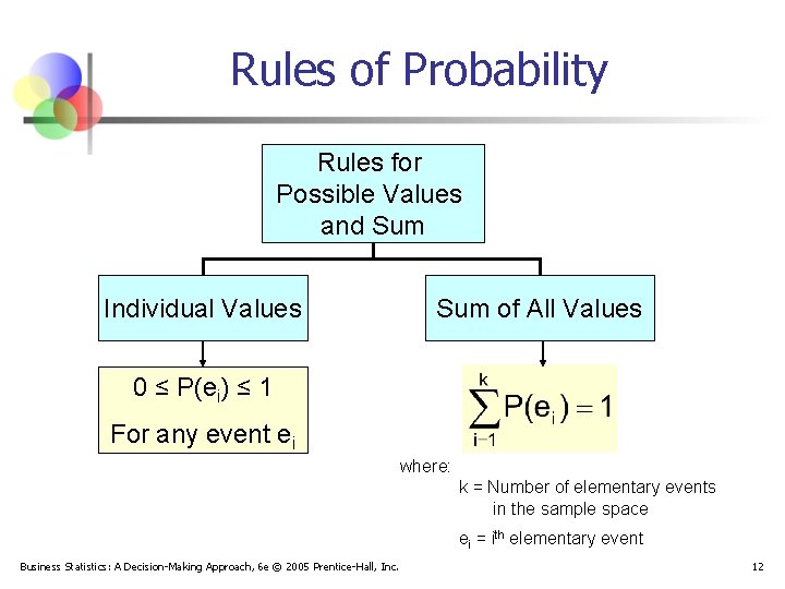 Rules of Probability Rules for Possible Values and Sum Individual Values Sum of All Rules of Probability Rules for Possible Values and Sum Individual Values Sum of All