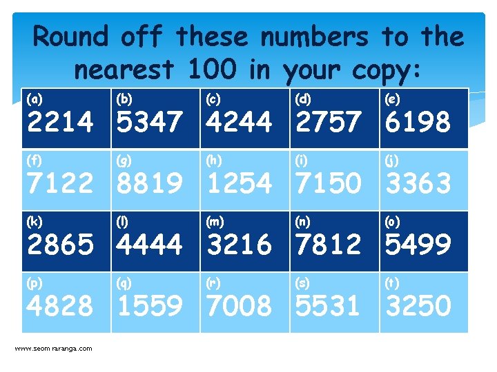 Round off these numbers to the nearest 100 in your copy: (a) (b) (c)