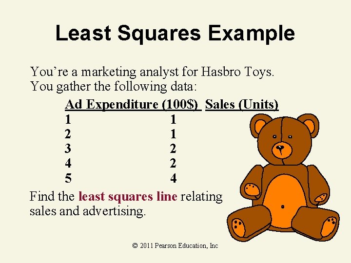 Least Squares Example You’re a marketing analyst for Hasbro Toys. You gather the following