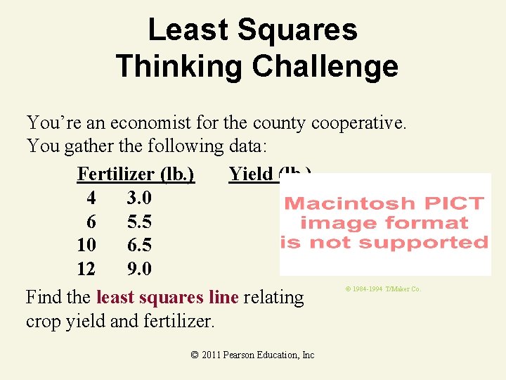 Least Squares Thinking Challenge You’re an economist for the county cooperative. You gather the