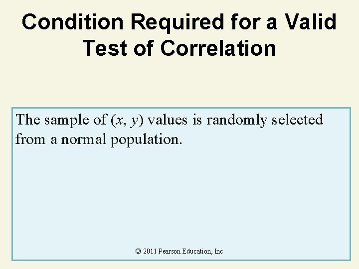 Condition Required for a Valid Test of Correlation The sample of (x, y) values