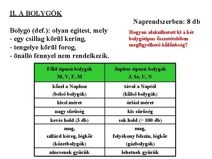 II. A BOLYGÓK Naprendszerben: 8 db Bolygó (def. ): olyan égitest, mely - egy