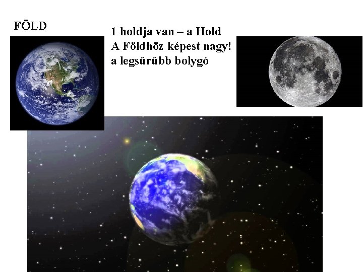 FÖLD 1 holdja van – a Hold A Földhöz képest nagy! a legsűrűbb bolygó