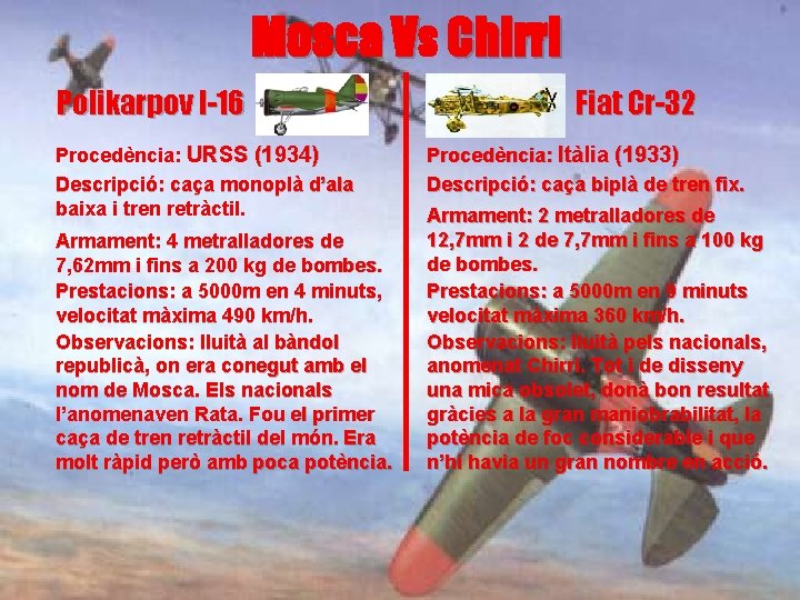 Mosca Vs Chirri Polikarpov I-16 Procedència: URSS (1934) Descripció: caça monoplà d’ala baixa i
